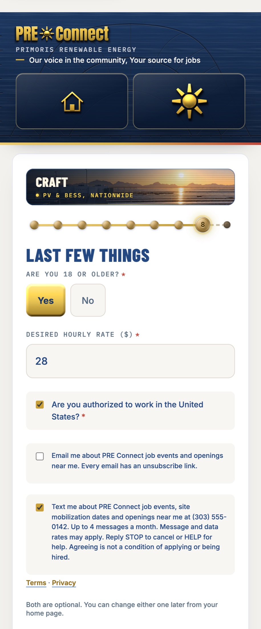 The text-message box on the sign-up form, after the person ticked it. It starts unticked.